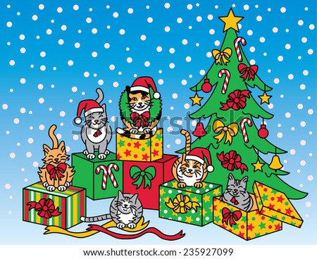 Christmas Cats Illustration of a group of cats with gifts and a Christmas tree.