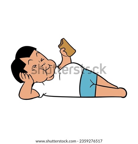 Boy character lying down while eating