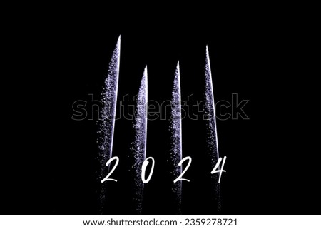 Happy new year 2024 purple fireworks rockets new years eve. Luxury firework event sky show turn of the year celebration. Holidays season party time. Premium entertainment nightlife background