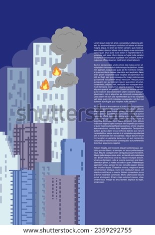 Fire of the high building. Flat building burning with cityscape.