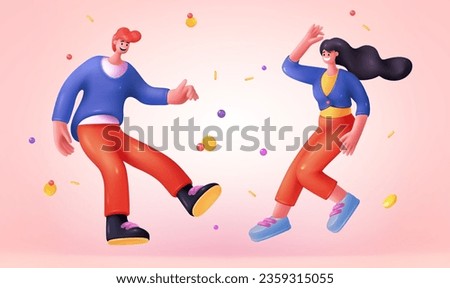 3D people. Happy render persons. Man or woman poses. Young human students. Flying couple. Joyful friends jumping. Smiling male and female. Plastic circles. Vector cartoon exact icons Royalty-Free Stock Photo #2359315055
