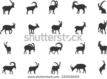Ibex silhouette, Ibex goat silhouette, Alpine ibex silhouette, Ibex icon set. Royalty-Free Stock Photo #2359330259