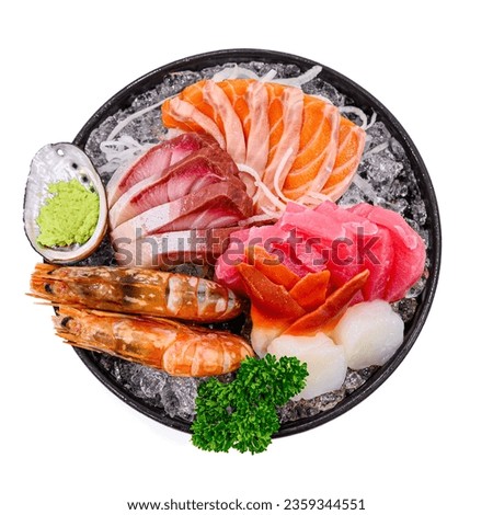 Top view Sashimi and sushi Japanese food buffet set. Salmon,  wasabi, tuna fish, shrimp, oyster, wagyu sliced, hotate and Hokkigai Royalty-Free Stock Photo #2359344551