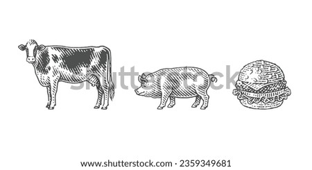 Pig, cow and cheeseburger. Fast food. Hamburger. Hand drawn engraving style illustrations. Royalty-Free Stock Photo #2359349681