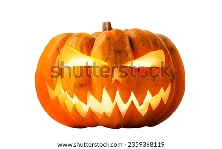 Glowing Single Halloween Pumpkin head isolated on white background. Scary eyes, smile funny Jack O'Lantern face for party night. Close up view of scary Halloween pumpkin with eyes 
glowing. 