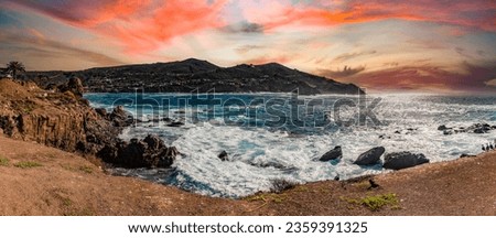 Beautiful panoramic picture of La Bufadora which is a marine geyser in Ensenada in the state of Baja California in Mexico, is a very touristic place and visited by people. Royalty-Free Stock Photo #2359391325