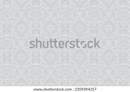 Embossed white background, cover design. Geometric ethnic 3D pattern, press paper, leather. Handmade, stylish work, anti-stress. Boho, tribal minimalist designs of East, Asia, India, Mexico, Aztec Royalty-Free Stock Photo #2359394257