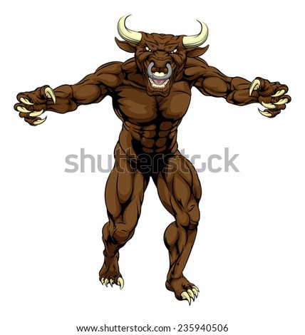 A bull man minotaur sports mascot character attacking with claws out