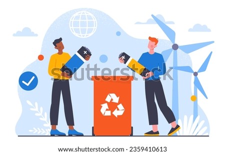 People with battery disposal concept. Men with electrical components near trashcan. Caring for ecology and environment, nature. Reducing emission of hazardous waste. Cartoon flat vector illustration Royalty-Free Stock Photo #2359410613
