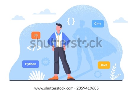 Programmer with computer languages concept. IT specialist and developer develop software, mobile applications and programs. Man with Python and Java. Cartoon flat vector illustration