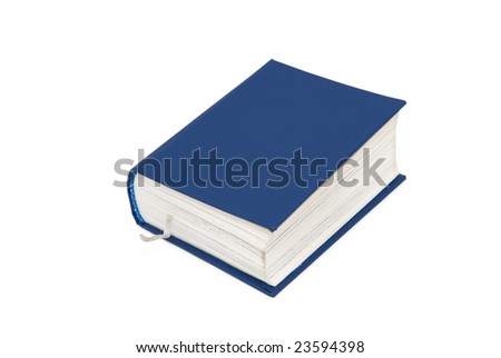 pocket edition thick blue book with white string bookmark against white background