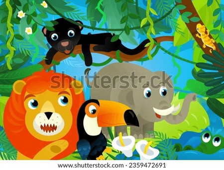 cartoon scene with jungle and animals being together with tucan bird illustration for kids