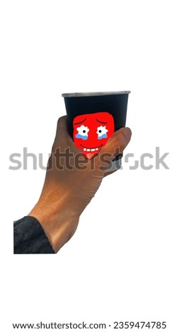 glass handle cartoon 3D icon paper cup red black cartoon funny liquid graphic object design drink smile white background fun 