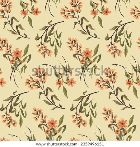 Seamless floral pattern, abstract flower print in vintage rustic style. Beautiful botanical design in autumn colors: hand drawn small flowers, leaves, branches in bunches on a light background. Vector