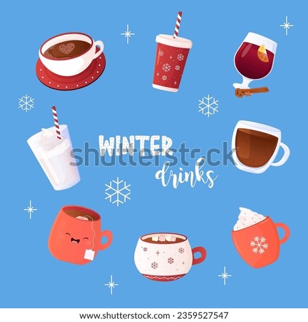 Winter drinks, tea, coffee, set, clip art, mulled wine, mursmallow and lettering 