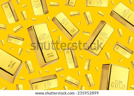 Gold bars rain on golden background 