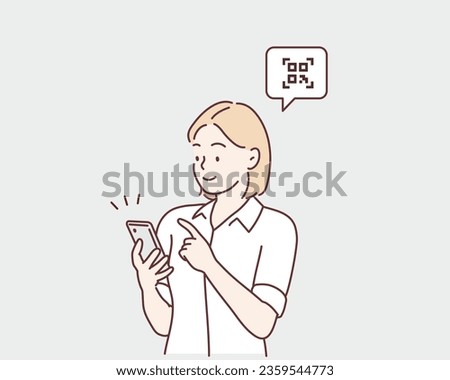 The woman is checking the QR code on her cellphone. Hand drawn style vector design illustrations.