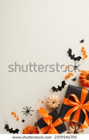 Pleasing close friends with Halloween gift ideas. Top view vertical flat lay of gift boxes with orange bows, pumpkins, scary decor, confetti on light grey background with ad zone