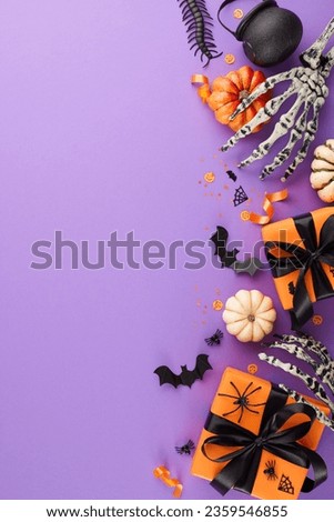 Hauntingly good prices inside. Top view vertical shot of skeleton hands, gift boxes, pumpkins, pot, spooky insects on purple background with empty space for commercial or message