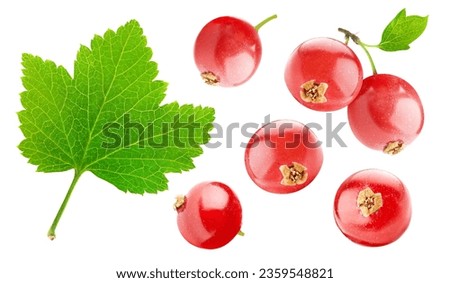 Collection of red currant fruits and a leaf, isolated on white background  Royalty-Free Stock Photo #2359548821
