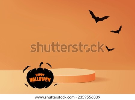 Halloween minimal scene 3d with smoke and podium platform. Halloween background vector 3d rendering with pumpkin podium. stand to show products. Stage Showcase on pedestal modern orange pumpkin pastel Royalty-Free Stock Photo #2359556839