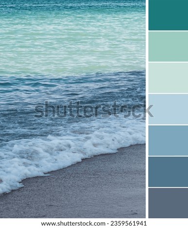 Color palette swatches of turquoise blue green water on dark sand on sea coast. Cool gamma of ground tones, muted water shades, natural colorful inspiration for styling, decoration, fashion and design Royalty-Free Stock Photo #2359561941