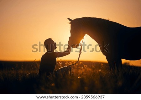 Silhousette of man while stroking of therapy horse on meadow at sunset. Themes hippotherapy, care and friendship between people and animals.
 Royalty-Free Stock Photo #2359566937