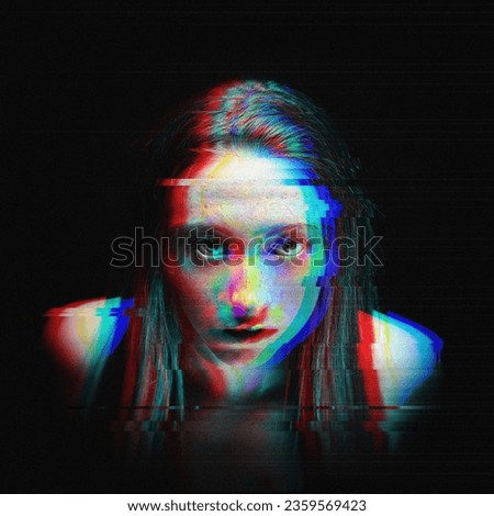 Glitch portrait of a young woman against a dark background. Analog style screen errors of pixelated and glitched noise in the style of a still from 1980s video recording.