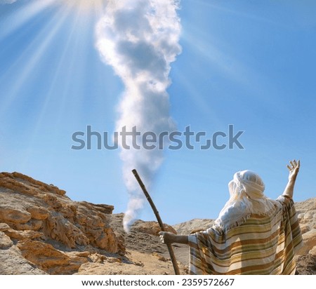 Retro holy Jesus Christ adult age egypt wise saint male human rise arm back light cloudy view. Middle east jew robe cloth Lord law torah story magic israelite hold wooden wand rod cane symbol concept Royalty-Free Stock Photo #2359572667