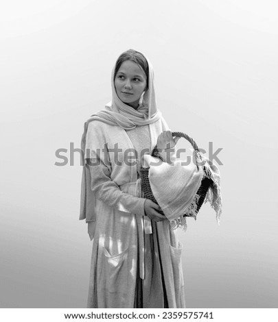 Adult jew poor life ethnic folk work linen robe tunic suit towel bag. Happy joy cheer smile hebrew beauty pretty slim kid pure humbl think serve farm carry big eat worker shy peace child arm clip path Royalty-Free Stock Photo #2359575741