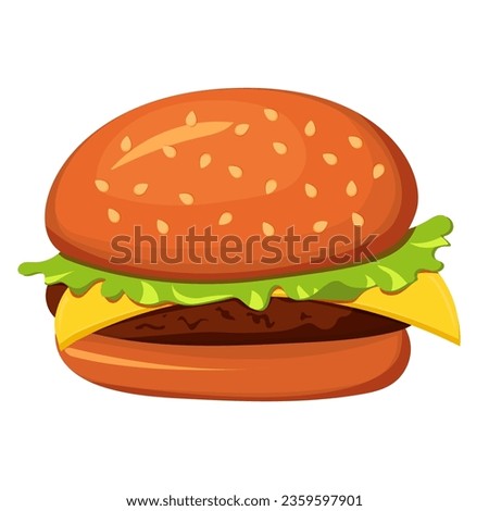 Big burger with meet, melting cheese and lettuce between buns. Hamburger, American fast food. Cheeseburger with cutlet, salad and sauces. Flat cartoon vector illustration isolated on white background. Royalty-Free Stock Photo #2359597901