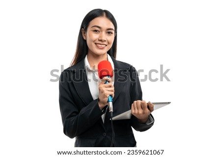 Beautiful Asian female reporter with microphone isolated on white background