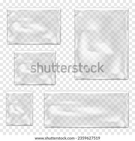 Clear plastic envelope bag with white zip lock realistic vector mockup set. Transparent zipper PVC vinyl pouch package mock-up kit Royalty-Free Stock Photo #2359627519