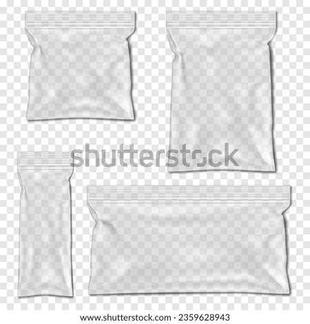 Clear zip lock plastic bag vector mock-up set. Transparent zipper vinyl envelope package. Ziplock seal PVC pouch. Various sizes mockup kit Royalty-Free Stock Photo #2359628943