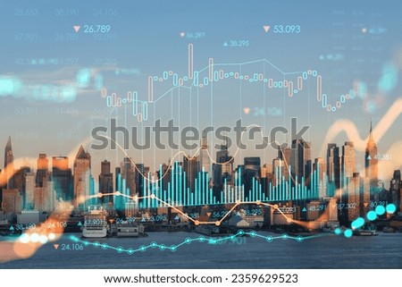 New York City skyline from New Jersey over Hudson River, Midtown Manhattan skyscrapers at sunset, USA. Forex graph hologram. The concept of internet trading, brokerage and fundamental analysis Royalty-Free Stock Photo #2359629523
