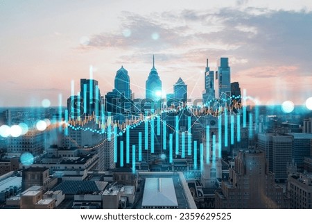 Skyscrapers Cityscape Downtown View, Philadelphia Skyline Buildings. Beautiful Real Estate. Sunset. Forex Financial graph and chart hologram. Business education concept.