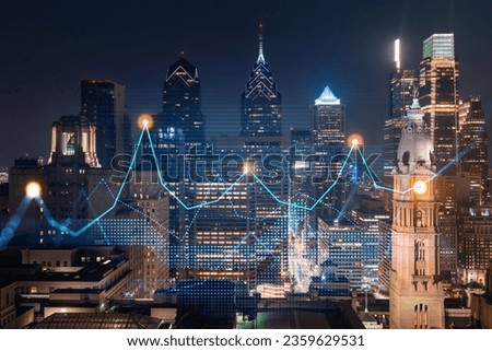 Skyscrapers Cityscape Downtown View, Philadelphia Skyline Buildings. Beautiful Real Estate. Night time. Forex Financial graph and chart hologram. Business education concept.