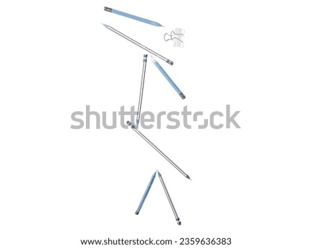 A variety of lifelike pencils with different lengths, along with paper clips, arranged on a white background with clipping path.