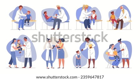 Patients on reception at pediatrician, traumatology, neurologist, dermatologist. Diagnosis of children's health. Scheduled vaccination. Vector characters flat cartoon illustrations.