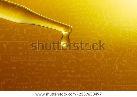 Macro science experiment pipette surface,Top view macro shot of chemical dropper injects oil into clear fluid in one of three petri dishes on yellow background , Abstract skin care cosmetics formulati