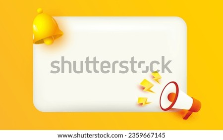 blank board with handbell reminder and megaphone icon announcement design mockup. Notifications page with yellow bell sign 3d vector Illustration for business planning events timetable development  Royalty-Free Stock Photo #2359667145