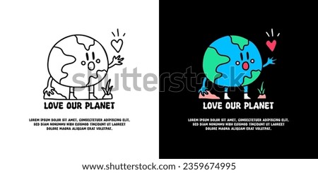 Cute earth planet mascot holding love symbol with love our earth typography, illustration for logo, t-shirt, sticker, or apparel merchandise. With doodle, retro, groovy, and cartoon style.