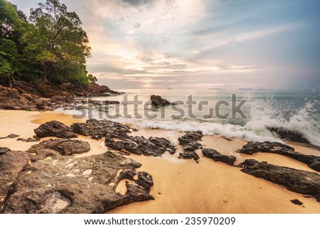 Gloomy tropical sunset at the beach. Thailand 