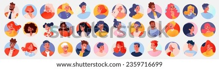 Modern stylish diverse people, nationalities, ages, smiling female and male characters of different races and ages. Set of portraits, avatars, icons with cute vector characters in flat cartoon style.  Royalty-Free Stock Photo #2359716699