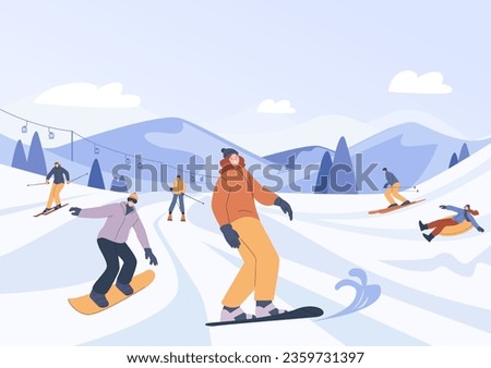 Snow ski resort. Snowboard family holidays, sport friends skiing and snowboarding. Winter outdoor activities, christmas travel kicky vector scene Royalty-Free Stock Photo #2359731397