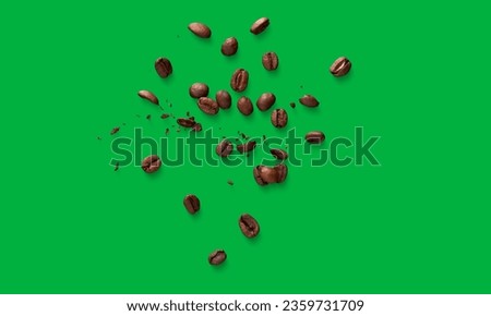 Roasted Coffee beans falling down green screen