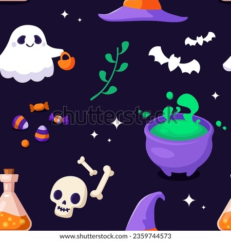 Vector seamless pattern for Halloween. Ghost, skull, bats, hat, cauldron with potion, leaf and candy. Modern autumn template for Halloween card, party invitation, wallpaper, holiday store sale, print.
