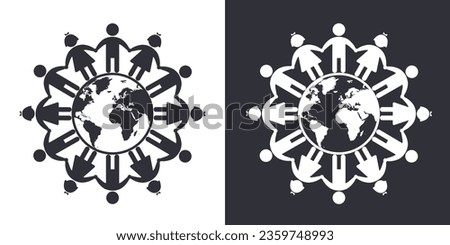 Children of the world icon, black silhouette on white. Boys and girls standing together around the Earth. Vector stencil shape for baby protection and care concept, World children's day design.