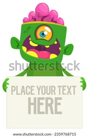Cartoon zombie holding blank paper banner for text. Vector illustration. Isolated.
Halloween design element for banner, postcard, poster