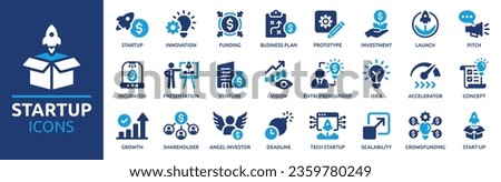 Startup icon set. Containing innovation, business plan, investment, launch, funding, investor and entrepreneurship icons. Solid icon collection. Vector illustration. Royalty-Free Stock Photo #2359780249